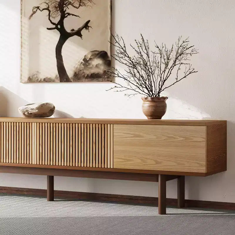 Meuble TV Mid-Century Modern 86,6 po en bois massif, console média avec espace de rangement, couleur naturelle