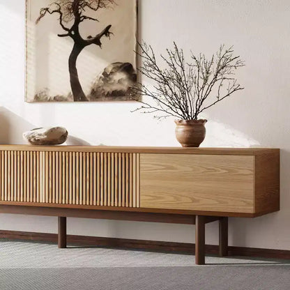Meuble TV Mid-Century Modern 86,6 po en bois massif, console média avec espace de rangement, couleur naturelle