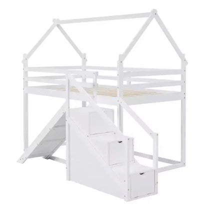 Lits superposés maison avec toboggan et escaliers de rangement, lit superposé double en bois avec toit et escaliers pour filles et garçons