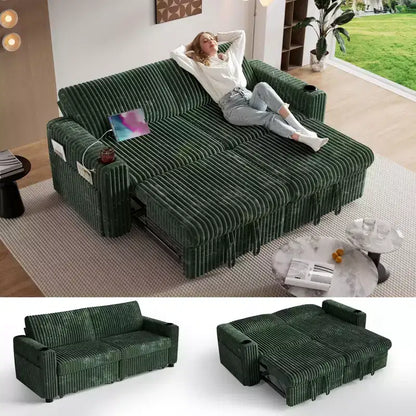 Divano Letto Sezionale Dyonery 91 con Letto Estraibile, Schienale Reclinabile/Due Letti Estraibili/Porte USB/Portabicchieri, Velluto a Coste Peluche