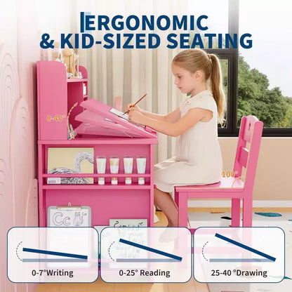 Set scrivania e sedia per bambini, con libreria superiore e piano inclinabile, tavolo da studio per bambini, scrivania per studenti, per camera da letto, casa