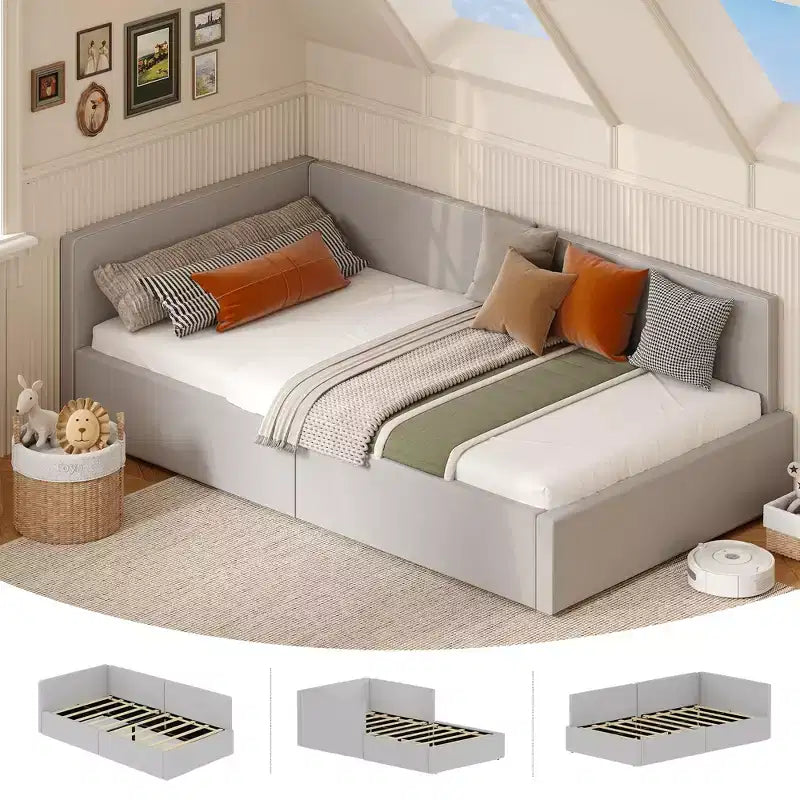 Struttura Divano Letto Angolare Doppio con Testiera Imbottita in Velluto, Daybed con Sponda Regolabile per Bambini, Camera da Letto per Ragazzi e Ragazze e Camera degli Ospiti