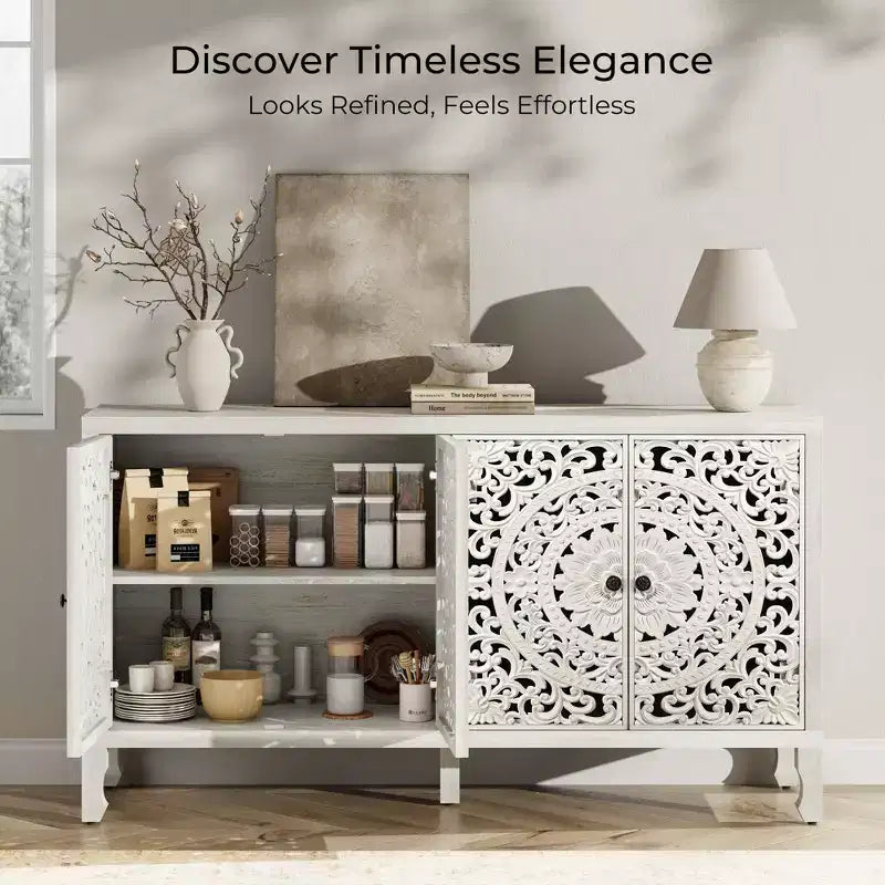 Credenza Buffet con Mobile Contenitore, Mobile Contenitore Effetto Invecchiato con 4 Ante Intagliate e Ripiano Regolabile, Credenze Buffet Laterali in Legno