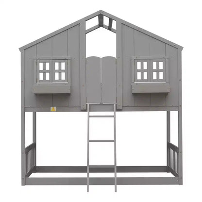 Lit mezzanine cabane de taille double, lit mezzanine cabane en bois avec échelle et barrières de sécurité pour enfants