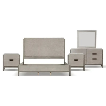 Set Camera da Letto Moderno 5 Pezzi con Pannelli in Legno Massello Grigio (Include Letto, Due Comodini, Toeletta e Specchio)