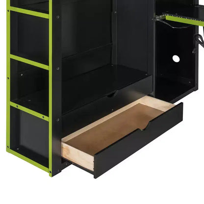 Merax Letto a soppalco a una piazza e mezza con scrivania, armadio, luci LED RGB e porta di ricarica USB Elegante struttura nera con spazio multi-contenitore per gli amanti dei giochi
