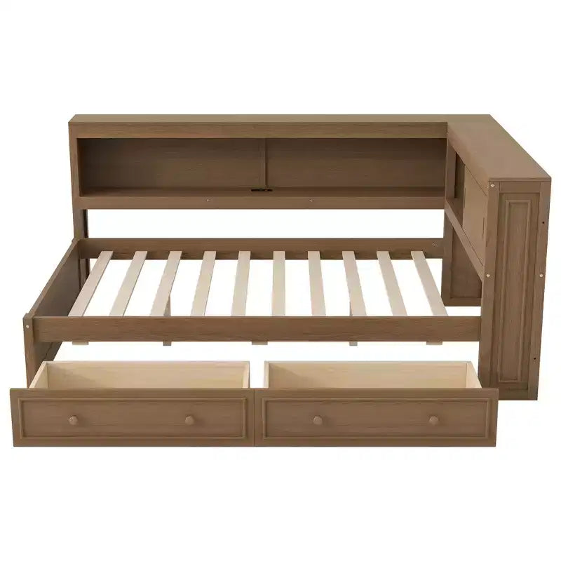 Letto angolare a grandezza naturale con cassetti portaoggetti, libreria, struttura letto a giorno in legno a forma di L con testiera a libreria per soggiorno