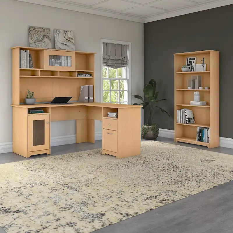 Bureau d'ordinateur en L de 60 pouces avec huche, bibliothèque à 5 étagères et tiroir classeur, capacité de 200 lb sur le bureau