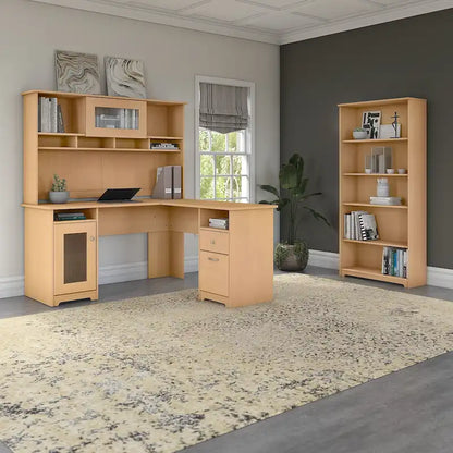 Bureau d'ordinateur en L de 60 pouces avec huche, bibliothèque à 5 étagères et tiroir classeur, capacité de 200 lb sur le bureau