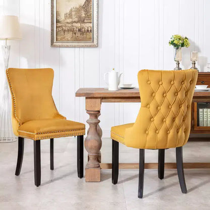 Lot de 2 chaises de salle à manger en velours avec garniture cloutée et pieds en bois - Style rétro, assise confortable pour salle à manger et cuisine
