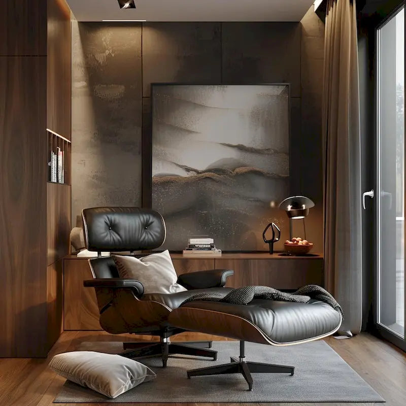 Chaise longue et pouf d'appoint en cuir pleine fleur de style Mid-century