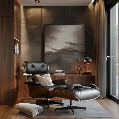 Chaise longue et pouf d'appoint en cuir pleine fleur de style Mid-century