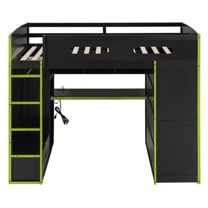 Merax Letto a soppalco a una piazza e mezza con scrivania, armadio, luci LED RGB e porta di ricarica USB Elegante struttura nera con spazio multi-contenitore per gli amanti dei giochi