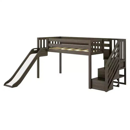Lit mezzanine bas pour enfant, format jumeau, avec toboggan et escalier, plateforme de lit enfant en bois massif