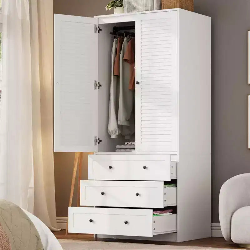 COZONY Armadio Guardaroba con 3 Cassetti e 2 Ante, Armadio Moderno in Legno per Camera da Letto, Armadio Alto Bianco Resistente