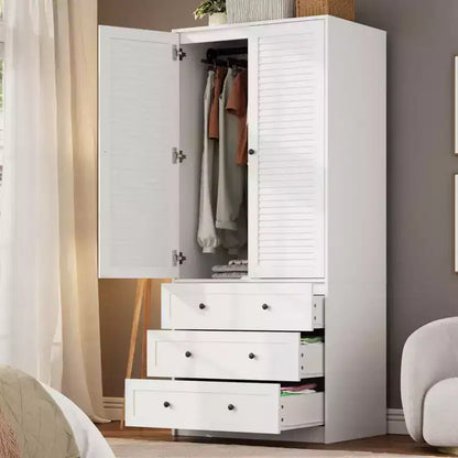 COZONY Armadio Guardaroba con 3 Cassetti e 2 Ante, Armadio Moderno in Legno per Camera da Letto, Armadio Alto Bianco Resistente