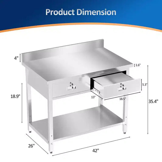 ROVSUN Table de Préparation et de Travail en Acier Inoxydable 42'' x 26'' avec Tiroir pour Cuisine de Restaurant