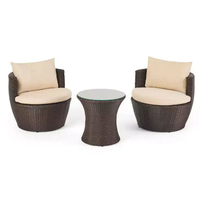 Ensemble de conversation d'extérieur ModernLuxe 3 pièces, salon de jardin en rotin PE avec coussins et table en verre trempé