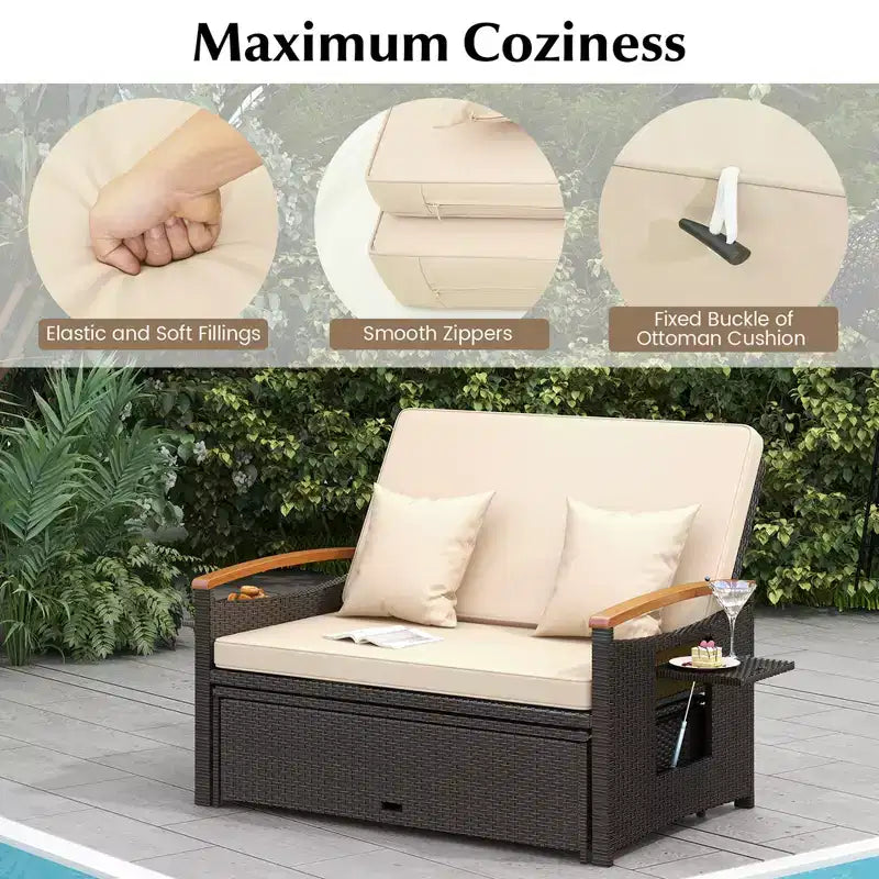 Set divano letto in rattan per esterni Costway con divanetto imbottito e poggiapiedi contenitore per veranda Beige/Blu marino/Rosso/Turchese/Nero/Grigio