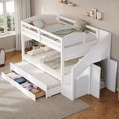 Lit superposé Whisen Twin XL avec lit gigogne, lit superposé avec rangement, lit superposé en bois massif, escalier de rangement, armoire, 3 tiroirs, pour enfants