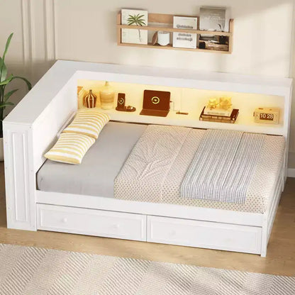 Letto angolare a grandezza naturale con cassetti portaoggetti, libreria, struttura letto a giorno in legno a forma di L con testiera a libreria per soggiorno
