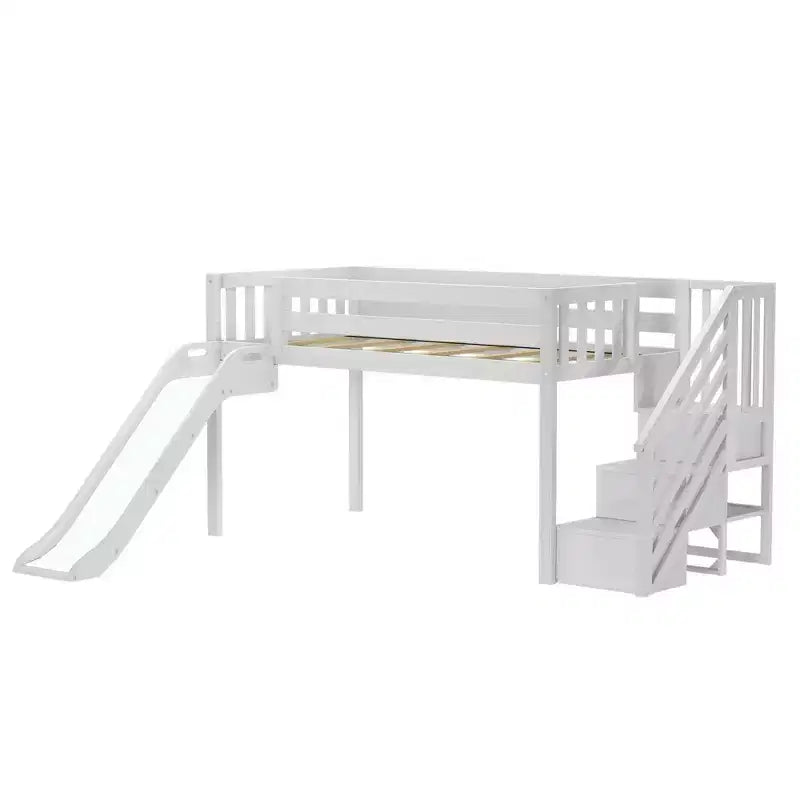 Lit mezzanine bas pour enfant, format jumeau, avec toboggan et escalier, plateforme de lit enfant en bois massif
