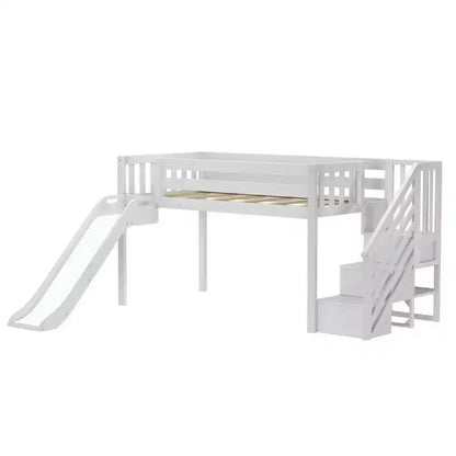 Lit mezzanine bas pour enfant, format jumeau, avec toboggan et escalier, plateforme de lit enfant en bois massif