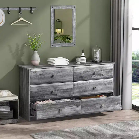 VINGLI Comò grigio lavato, Comò a 6 cassetti, Comò lungo 136 cm con frontale cassetto testurizzato, Cassettiera in legno grigio