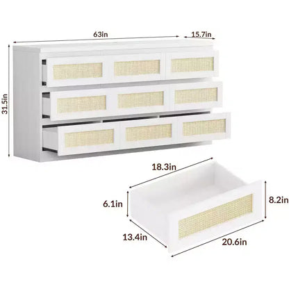 Comò per camera da letto, cassettiera a 9 cassetti in rattan per armadio, cassettiere e cassettoni doppi in legno