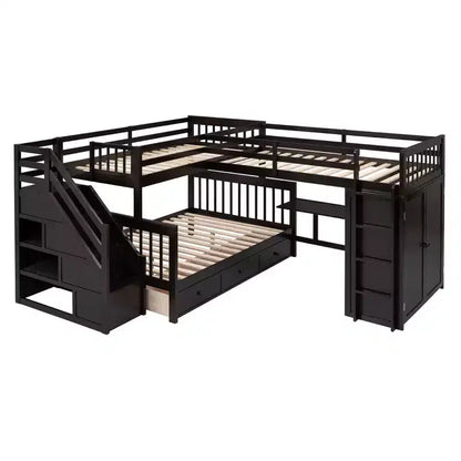 Lit superposé en L Whisen Modern Design (jumeau sur grand) avec 3 tiroirs, bureau portable et armoire
