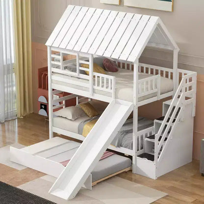 Letto a Castello Whisen Twin over Twin con Letto Estraibile e Scivolo, Scala Contenitore, Design Tetto e Finestra