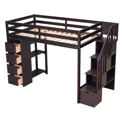 Lit mezzanine double en bois Whisen avec tiroirs de rangement, escalier et étagères