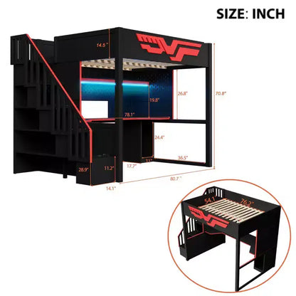 Lit superposé pleine grandeur Whisen avec bureau et escalier de rangement – Rouge et noir