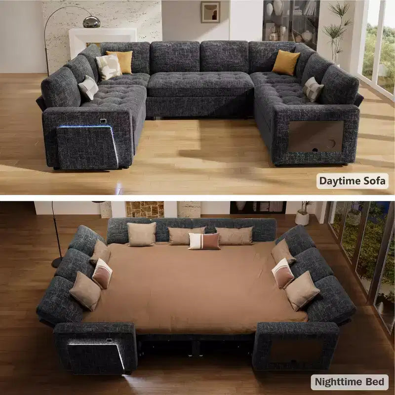 Divano componibile Dyonery a 8 posti a U con letto estraibile/schienale reclinabile/porte USB/tavolo/vano contenitore, montaggio senza attrezzi