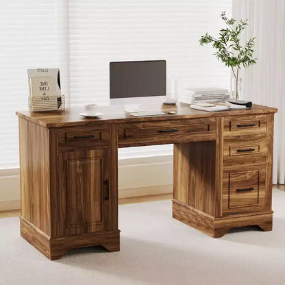 Bureau exécutif de ferme avec rangement, Bureau d'écriture en bois avec 5 tiroirs et armoire, Table d'ordinateur rustique pour salon, chambre à coucher, bureau