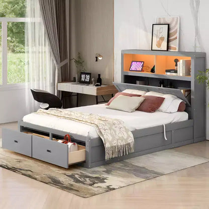 Letto a piattaforma idraulico Full/Queen con contenitore testiera a LED, stazione di ricarica, 2 cassetti e spazio di archiviazione sotto il letto, Bianco/Grigio-ModernLuxe