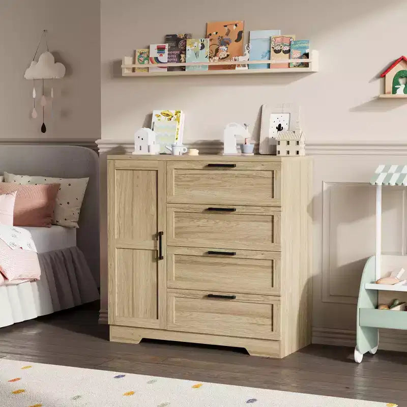 Armadio Guardaroba, 109,98 cm H, in Legno, con 4 Cassetti e Asta Appendiabiti, Rovere Naturale Grigio