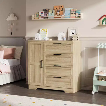 Armadio Guardaroba, 109,98 cm H, in Legno, con 4 Cassetti e Asta Appendiabiti, Rovere Naturale Grigio