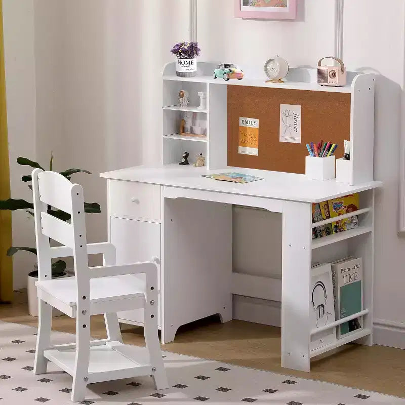 Scrivania per bambini, set scrivania e sedia per ragazzi e ragazze, tavolo da scrittura per bambini in legno con libreria, bacheca, armadietto e cassetto per età 3-8