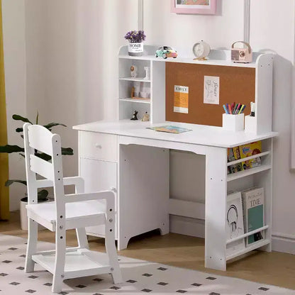 Scrivania per bambini, set scrivania e sedia per ragazzi e ragazze, tavolo da scrittura per bambini in legno con libreria, bacheca, armadietto e cassetto per età 3-8