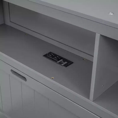 Letto a piattaforma idraulico Full/Queen con contenitore testiera a LED, stazione di ricarica, 2 cassetti e spazio di archiviazione sotto il letto, Bianco/Grigio-ModernLuxe