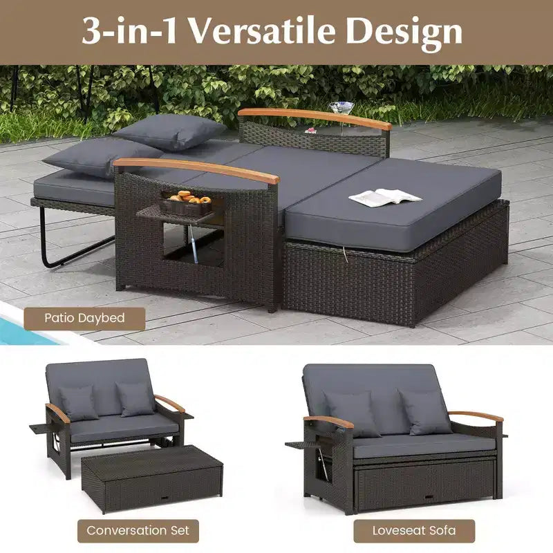 Set divano letto in rattan per esterni Costway con divanetto imbottito e poggiapiedi contenitore per veranda Beige/Blu marino/Rosso/Turchese/Nero/Grigio