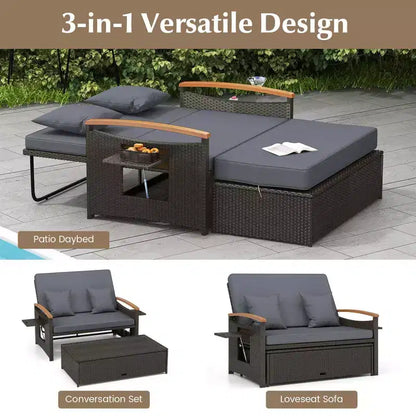 Set divano letto in rattan per esterni Costway con divanetto imbottito e poggiapiedi contenitore per veranda Beige/Blu marino/Rosso/Turchese/Nero/Grigio