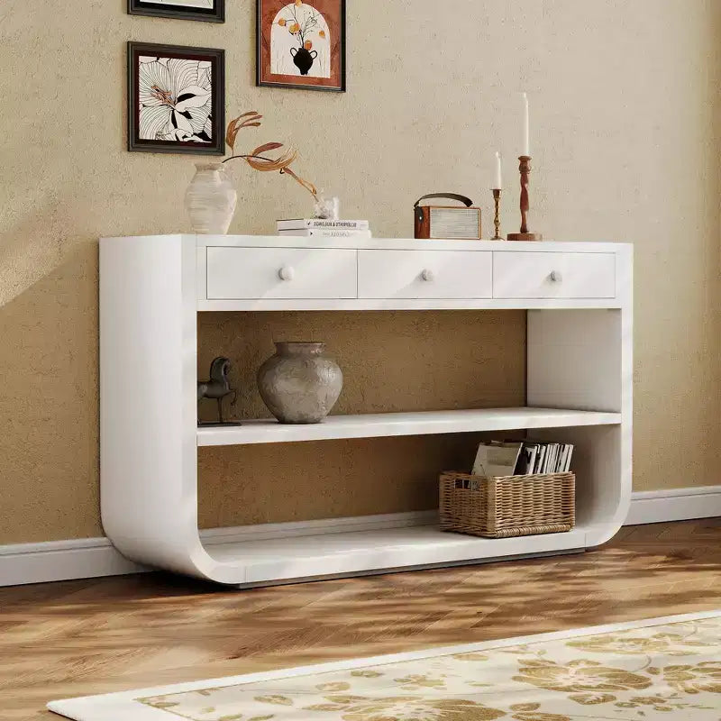 ModernLuxe Tavolo curvo da ingresso, Tavolo consolle, Tavolino da divano, Espositore, Tavolino d'appoggio con 3 cassetti a chiusura ammortizzata e 2 ripiani aperti