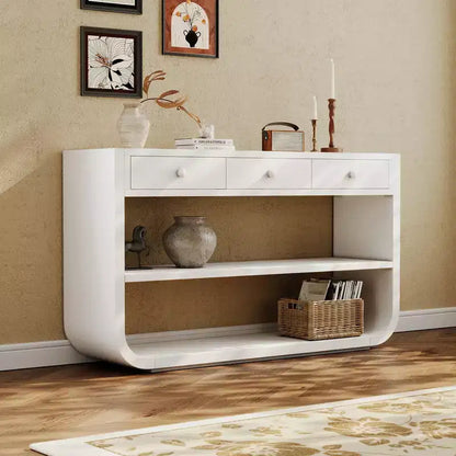 ModernLuxe Tavolo curvo da ingresso, Tavolo consolle, Tavolino da divano, Espositore, Tavolino d'appoggio con 3 cassetti a chiusura ammortizzata e 2 ripiani aperti