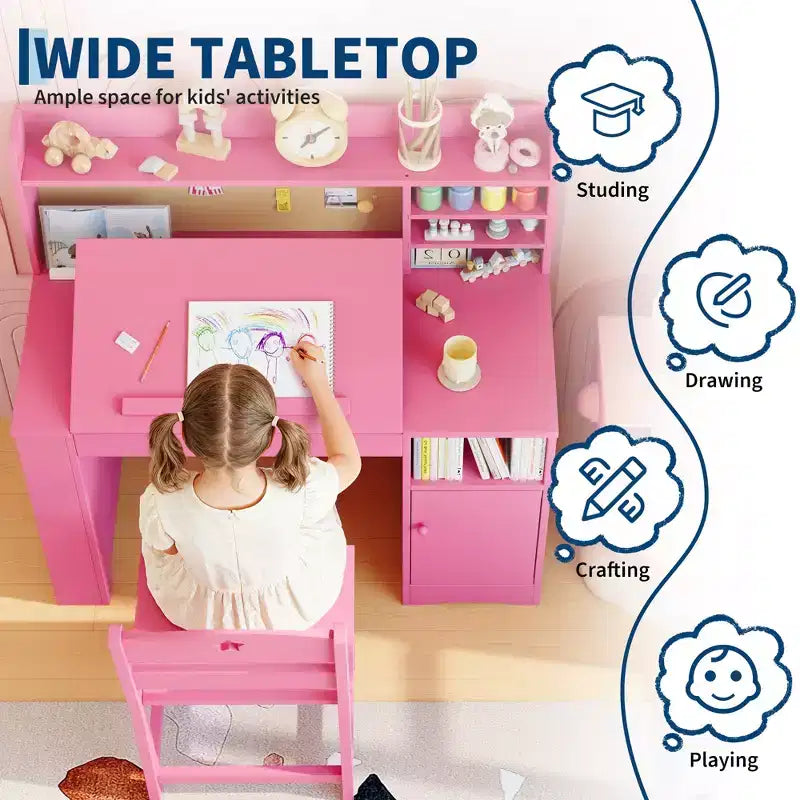 Set scrivania e sedia per bambini, con libreria superiore e piano inclinabile, tavolo da studio per bambini, scrivania per studenti, per camera da letto, casa