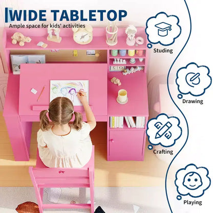 Set scrivania e sedia per bambini, con libreria superiore e piano inclinabile, tavolo da studio per bambini, scrivania per studenti, per camera da letto, casa