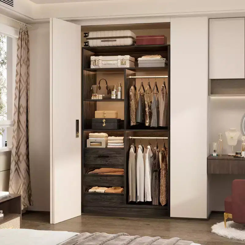 Organisateur de placard avec tiroirs en bois, système de rangement autoportant avec tringles de suspension