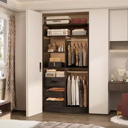 Organisateur de placard avec tiroirs en bois, système de rangement autoportant avec tringles de suspension