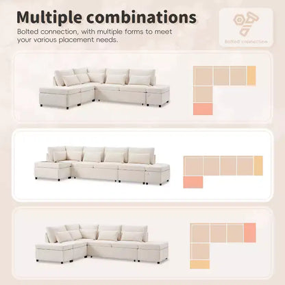 Canapé-lit modulaire sectionnel Whisen 270 - 6 places en forme de L avec pouf de rangement, canapé en chenille, personnalisable pour salon et appartement